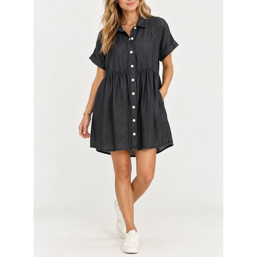 Pact Organic Cotton Babydoll Shirt Dress Chambray Short Sleeve Charcoal Gray M